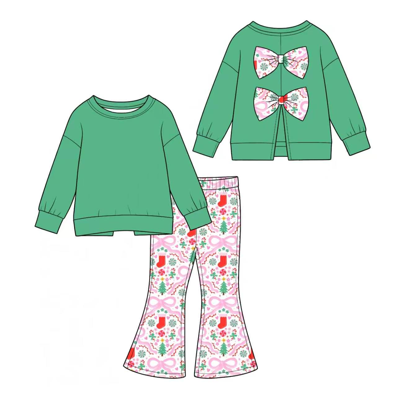 Preorder(moq 5) Girls Christmas 2 Piece Outfit Long Sleeve Floral Flare Pants Kids Clothing Set