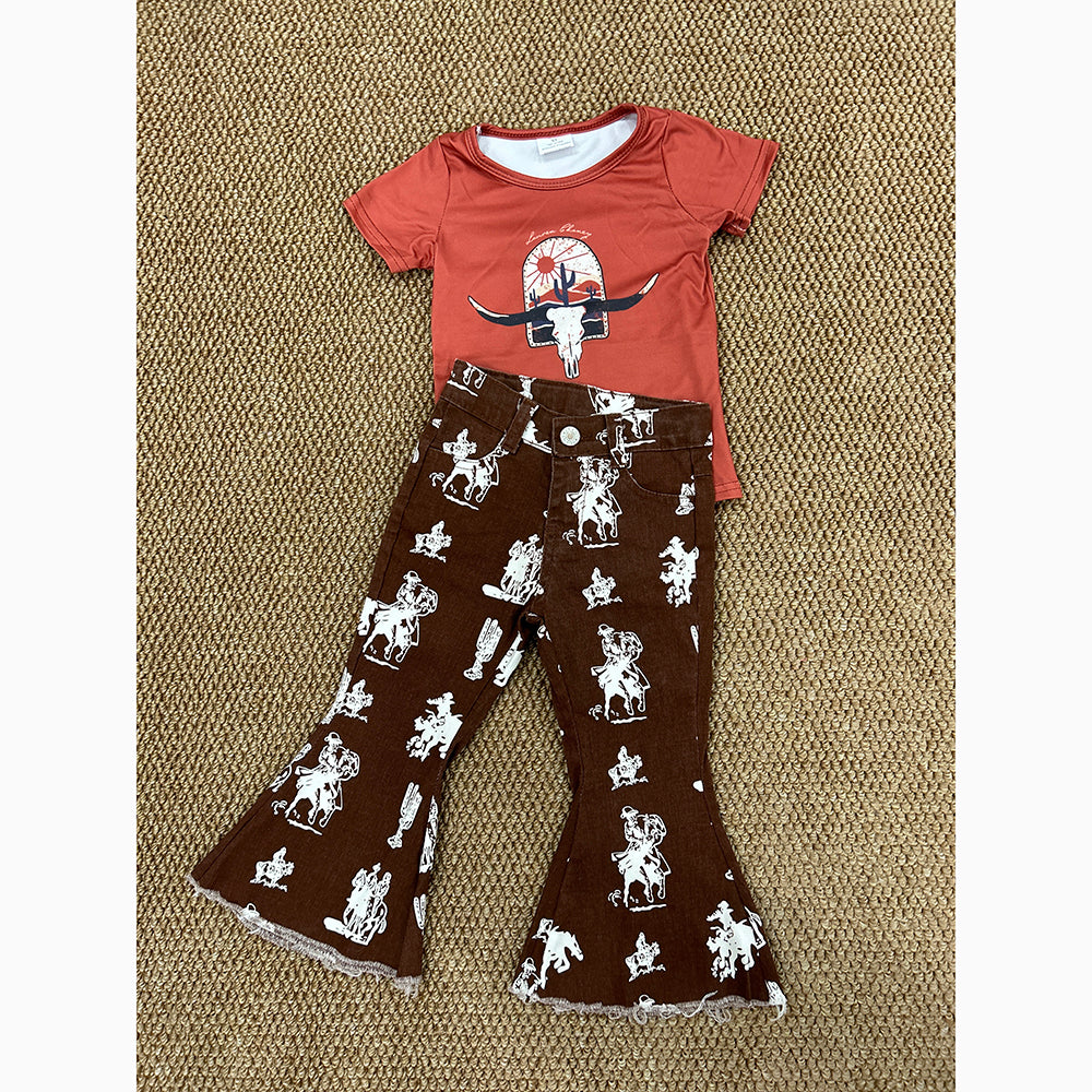 Baby Girls Western Rodeo Shirt Cow Bell Denim Pants Clothes Sets