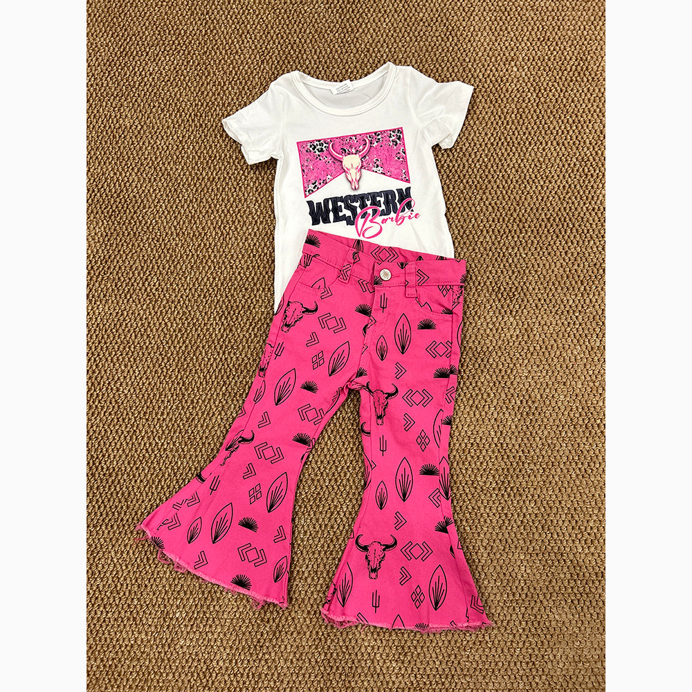 Baby Girls Western Doll Shirt Cow Bell Denim Pants Clothes Sets
