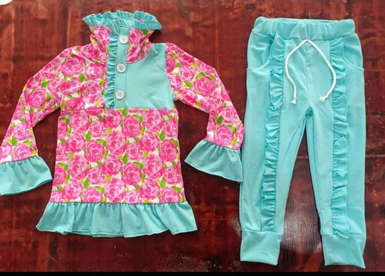 Baby Girls Pink Rose Flowers Tops Ruffle Pants Clothes Sets preorder (Moq 5)