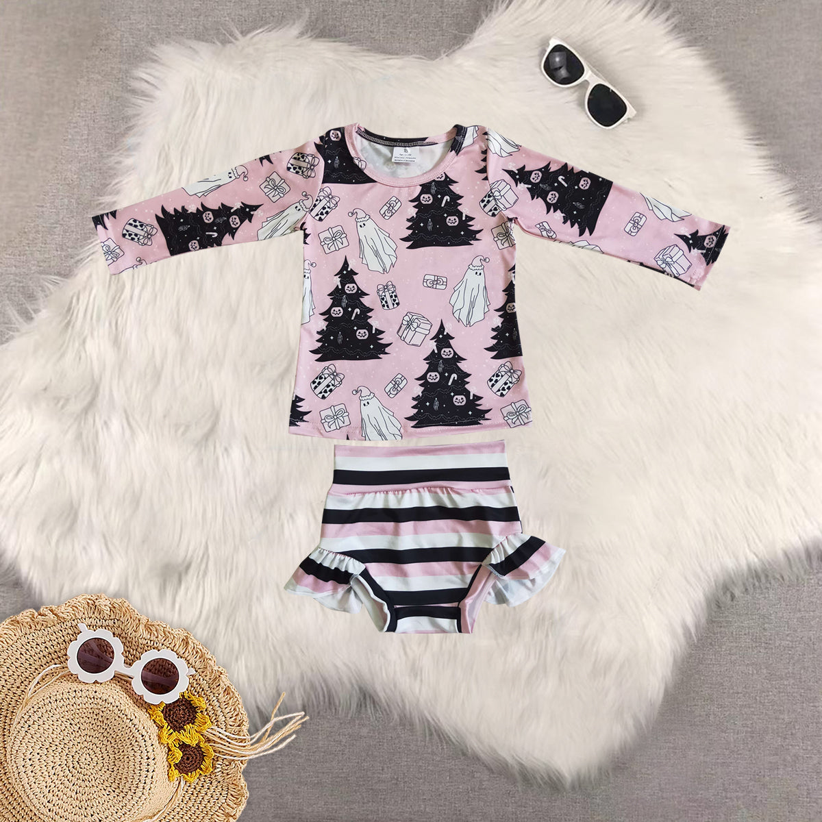 Baby Girls Halloween Lavender Long Sleeves Ghost Gifts Top Ruffle Bummie Sets