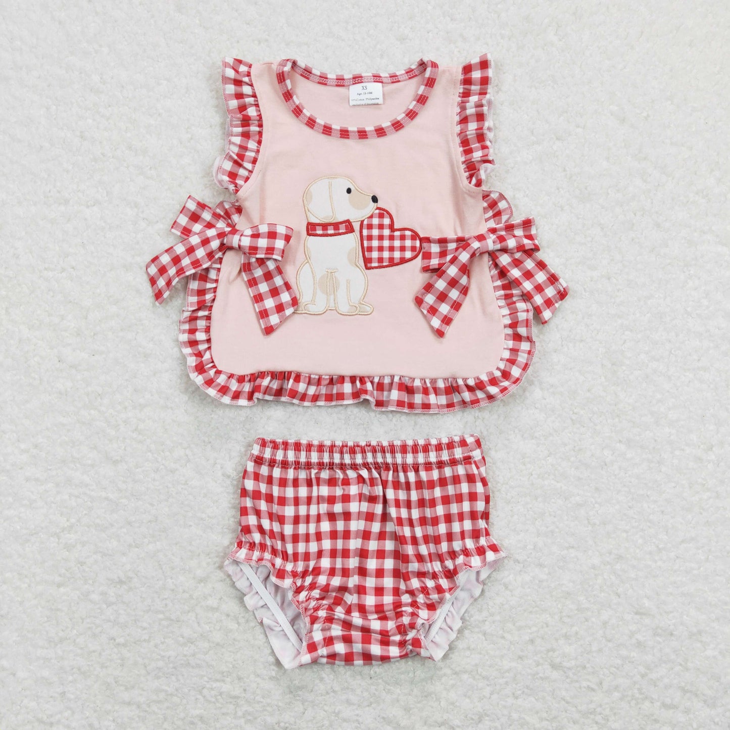 Sibling Baby Boys Girls Embroidery Heart Dogs Red Checked Pant Bummies Valentines Clothes Sets