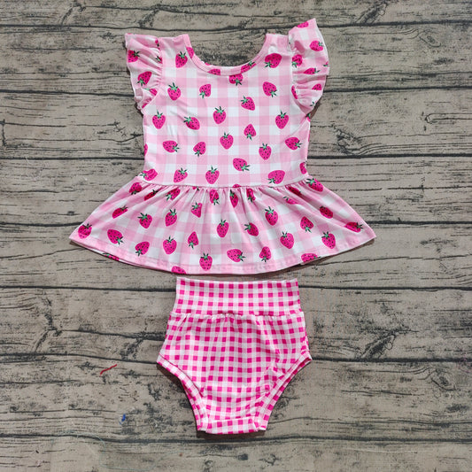 Baby Girls Strawberry Top Pink Checkered Bummies Clothes Sets