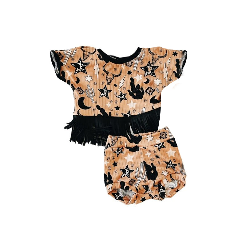 Preorder moq 5 Baby Girls Cows Cactus Stars Shirt Top Bummies Clothes Sets
