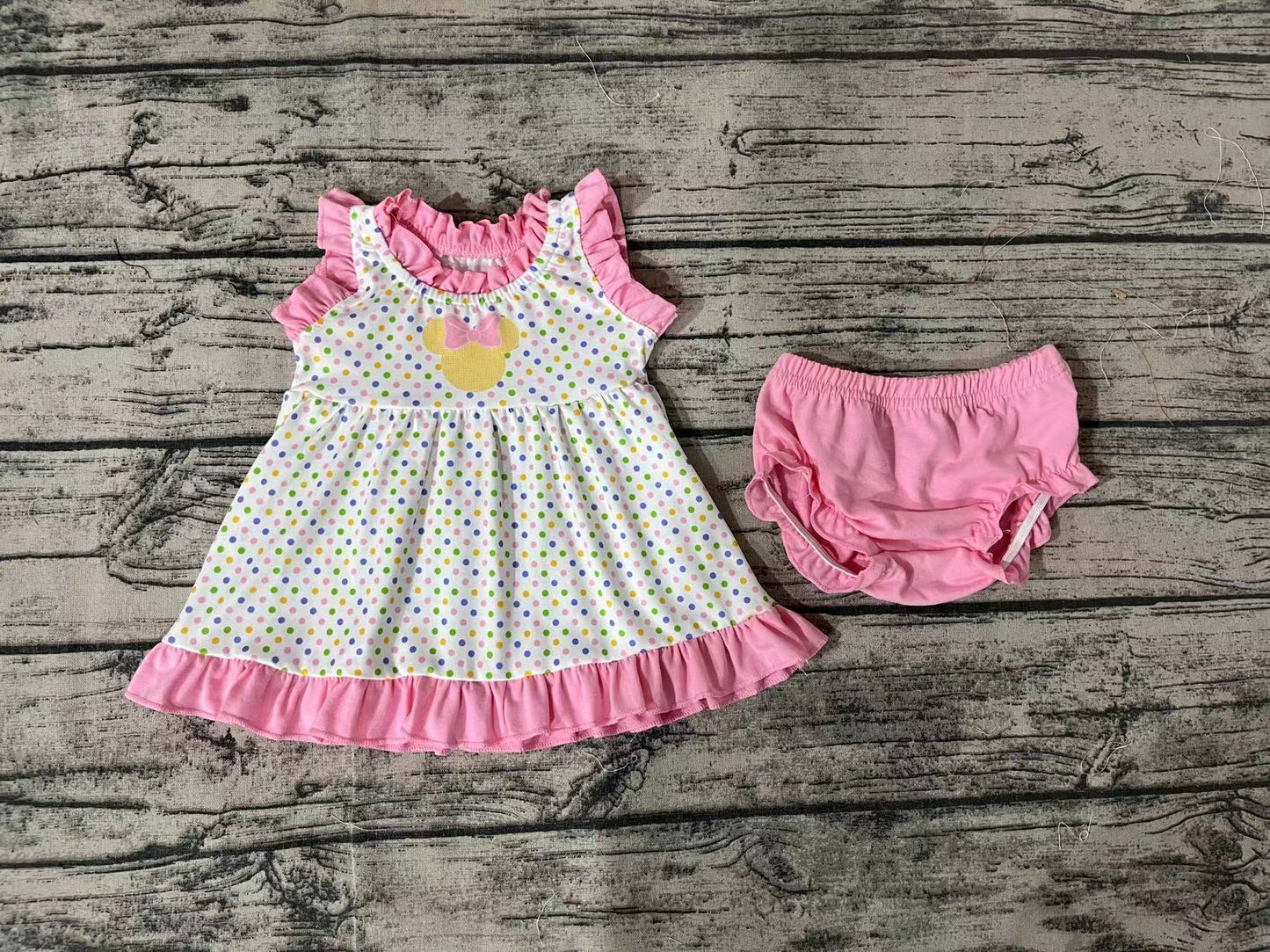 Baby Girls Pink Polka Dots Mouse Tunic Top Bummies Clothes Sets