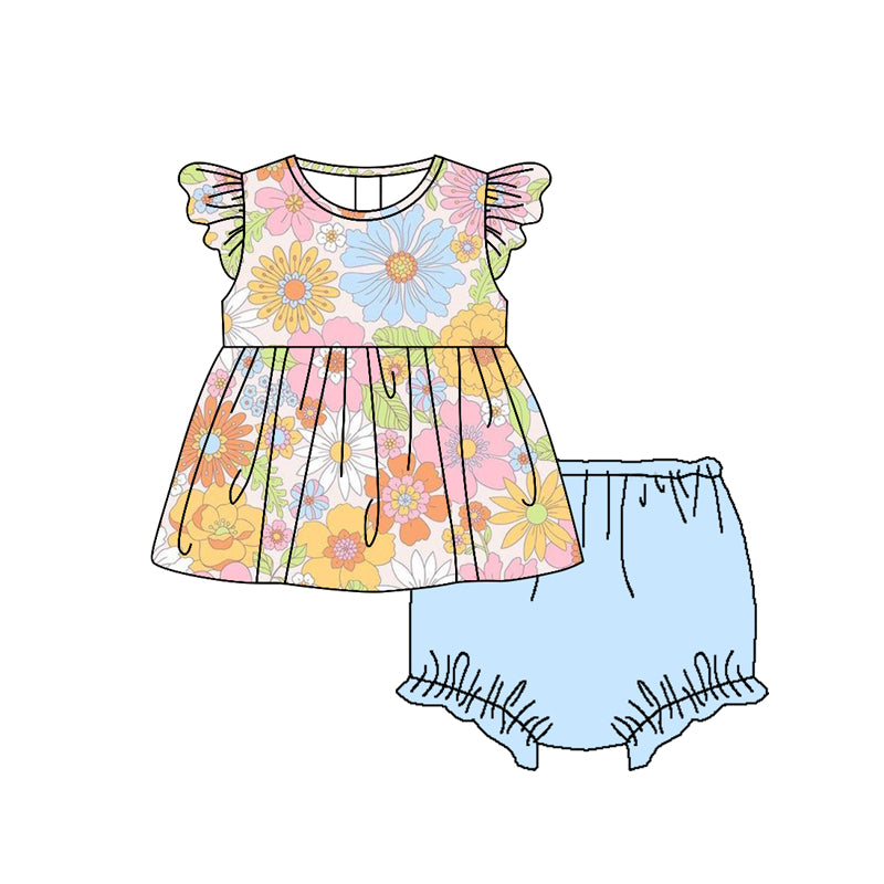 Baby Girls Blue Flowers Tunic Top Bummies Clothes Sets Preorder