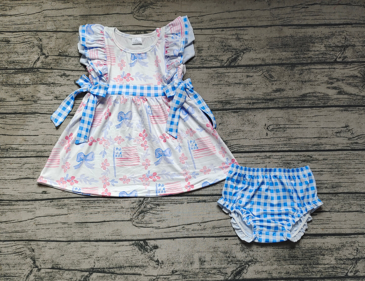Baby Girls Blue Bows Flags Tunic Top Bummies Clothes Sets