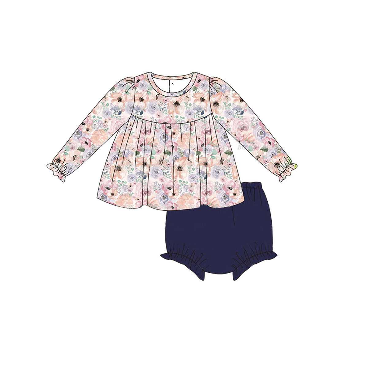 Baby Girls Fall Flowers Tunic Top Navy Bummies Clothes Sets Preorder