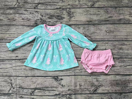 Baby Girls Christmas Green Tree Long Sleeve Tunic Top Bummies Clothes Sets