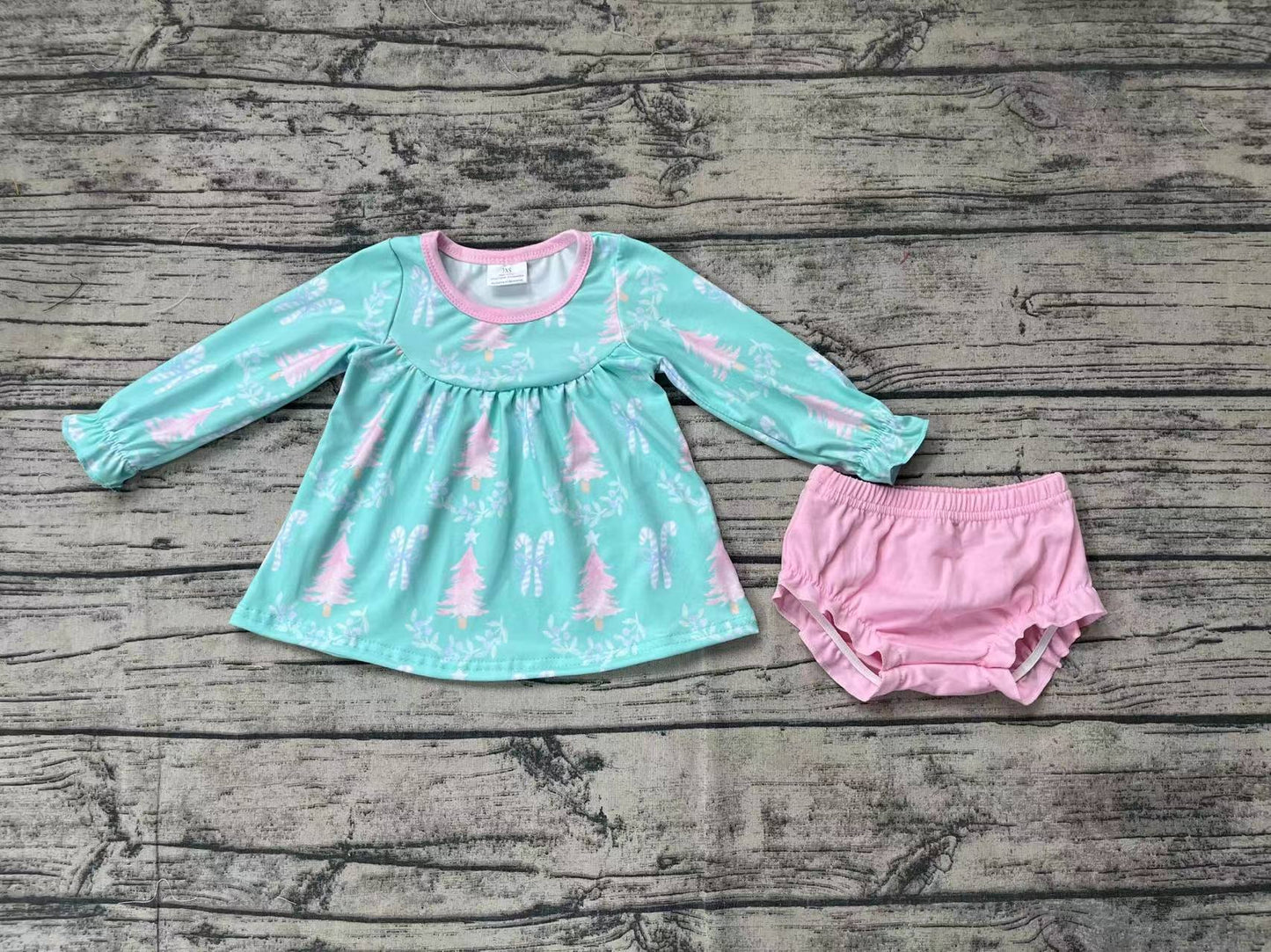 Baby Girls Christmas Green Tree Long Sleeve Tunic Top Bummies Clothes Sets