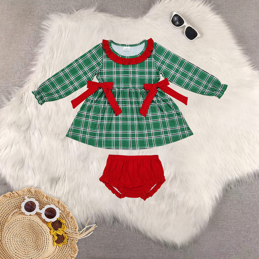 Sibling Baby Girls Long Sleeves Christmas Trees Candy Cane Tunic Ruffle Bummie Sets