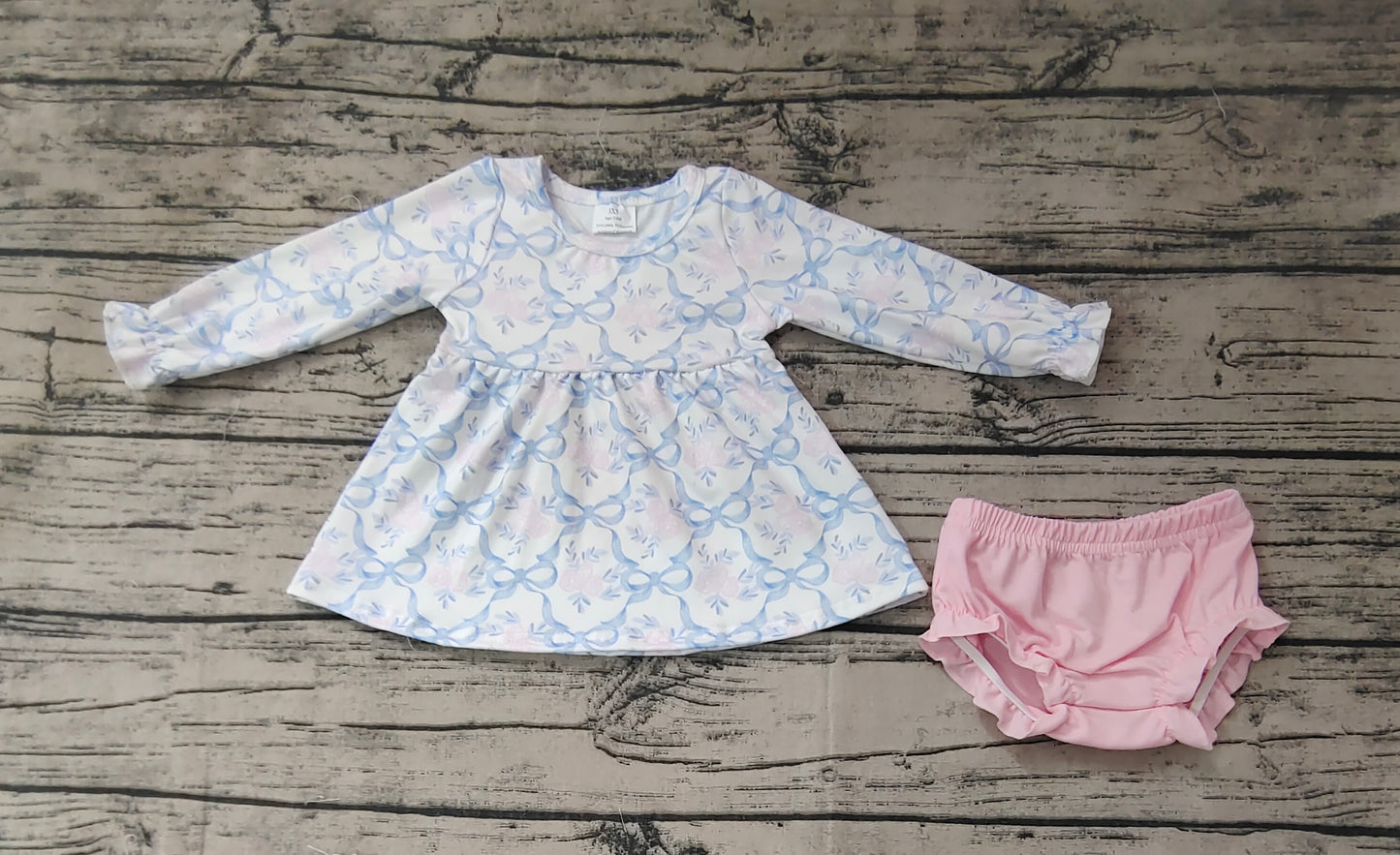 Baby Girls Blue Bows Flowers Tunic Bummie Clothes Sets