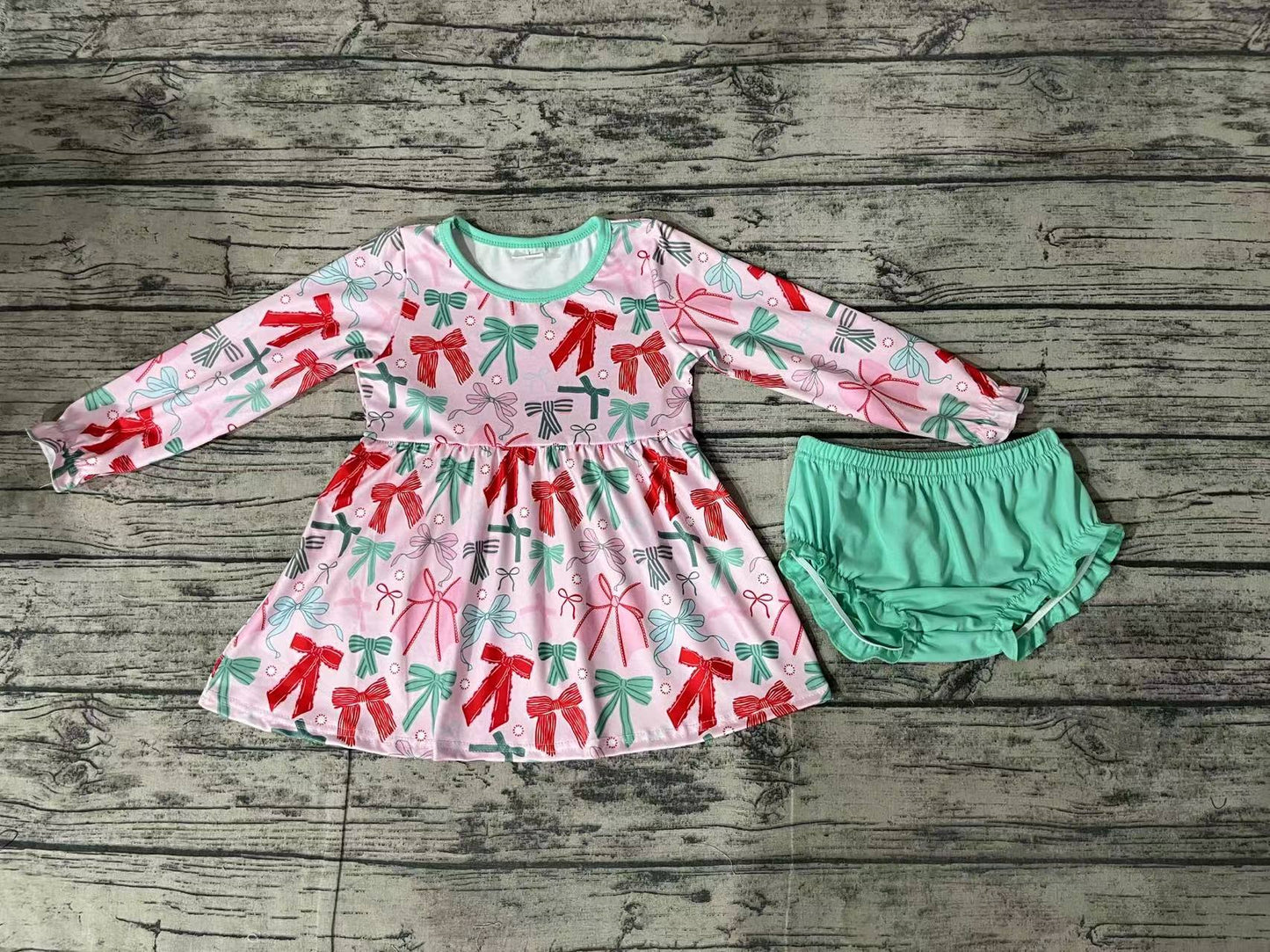 Baby Girls Christmas Pink Bows Tunic Bummie Clothes Sets