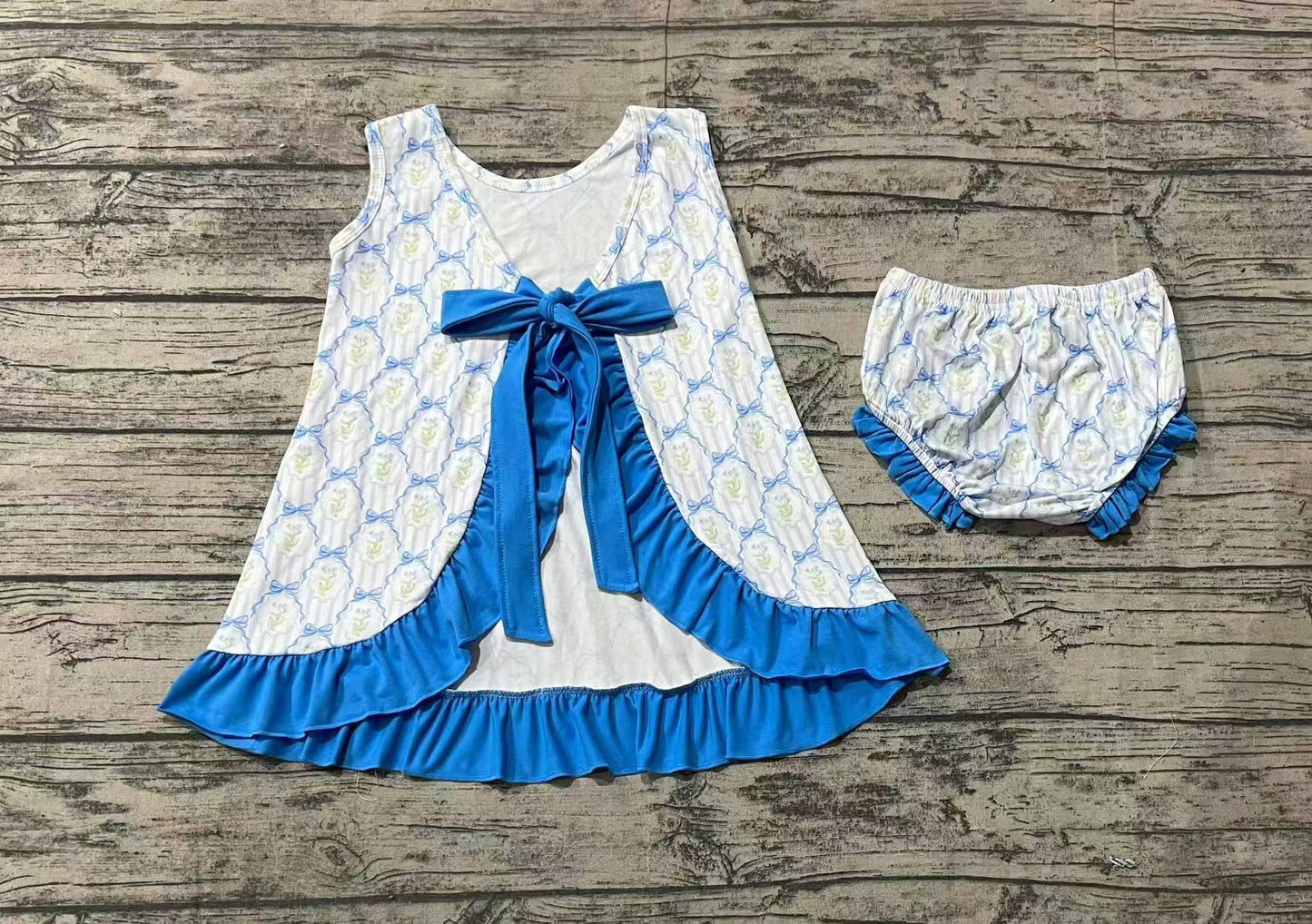 Baby Girls Blue Bows Ruffle Top Bummies Clothes Sets