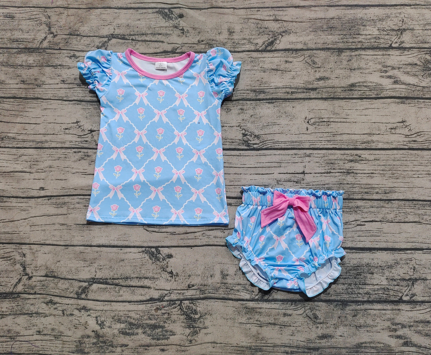 Baby Girls Blue Pink Flowers Bows Top Bummies Clothes Sets