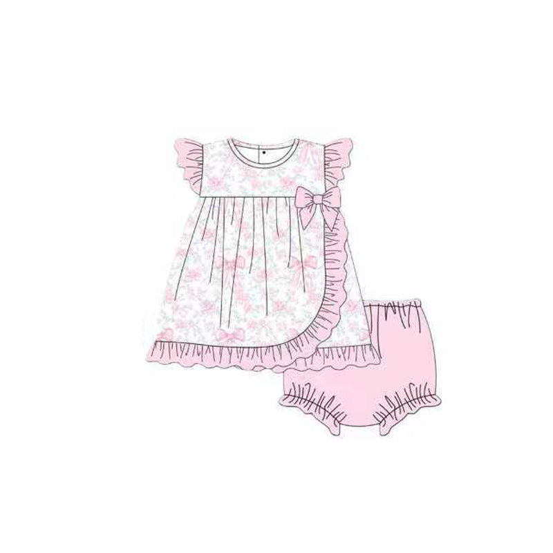 Baby Girls Flutter Sleeve Bows Floral Tunic Bummies Clothes Sets Preorder