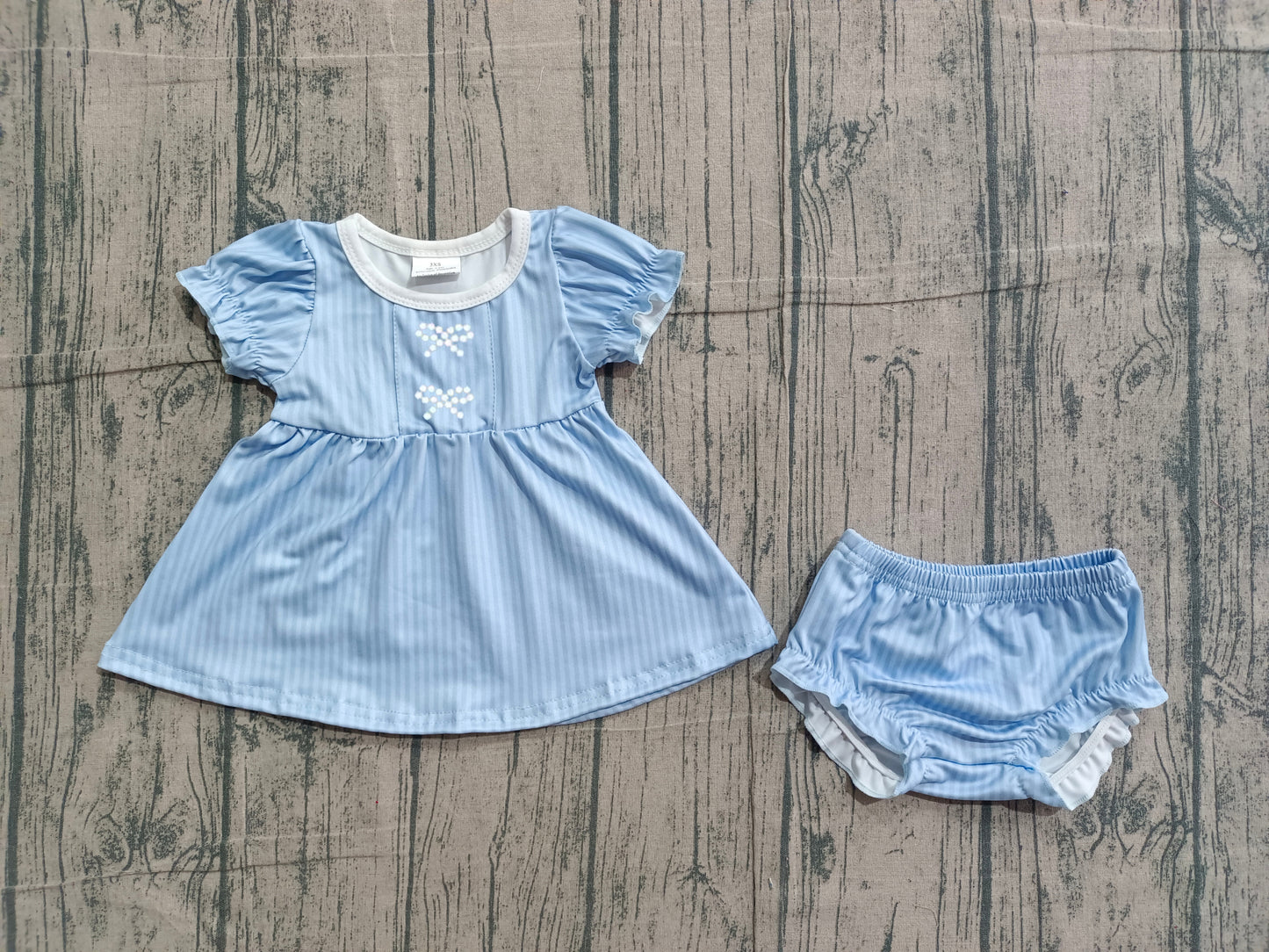 Embroidery Bows Baby Girls Blue Stripe Tunic Bummies Clothes Sets Preorder