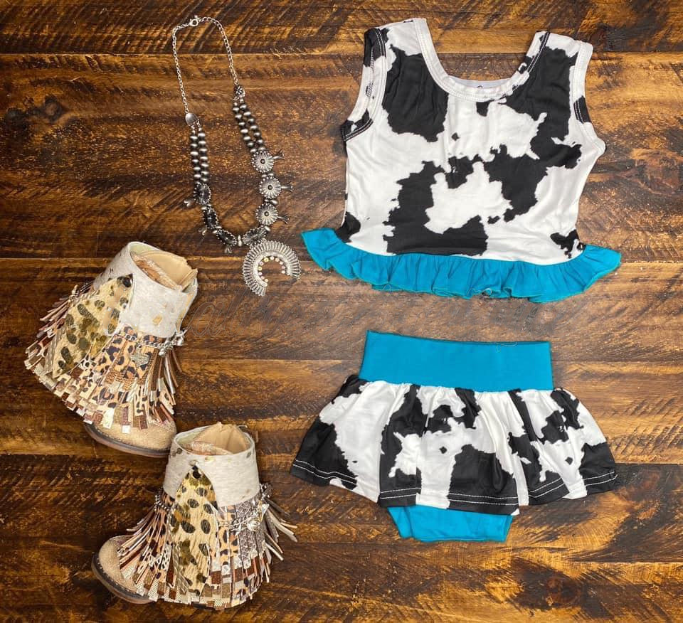 Baby Girls Cow Print Ruffle Vest Top Bummies Western Clothes Sets Preorder