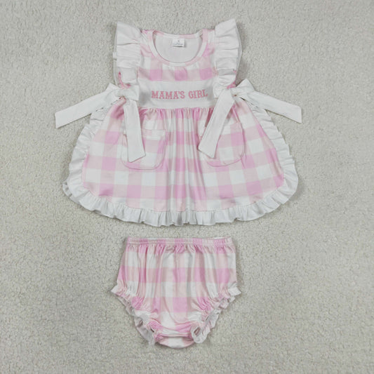 Embroidery Mama's Girl Pink Checked Pockets Tunic Bummies Clothes Sets