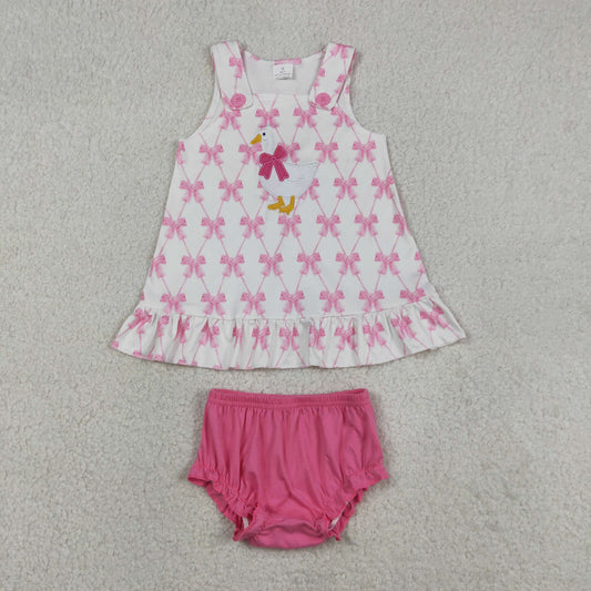 Embroidery Goose Baby Girls Pink Bow Plaid Tunic Bummies Clothes Sets