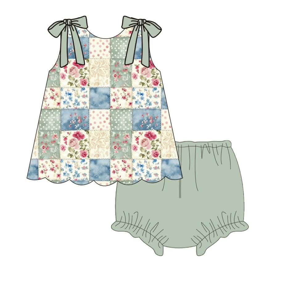 Baby Girls Sleeveless Floral Checked Tunic Bummies Clothes Sets Preorder