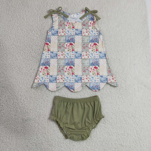 Baby Girls Sleeveless Floral Checked Scallop Tunic Bummies Clothes Sets
