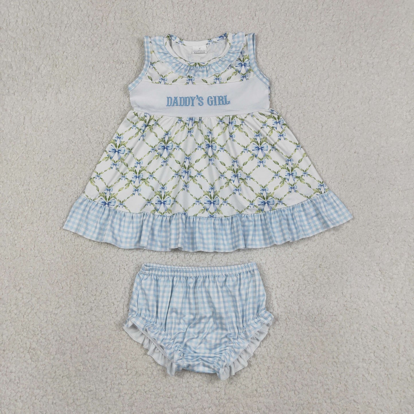 Embroidery Daddy's Girl Bows Floral Checked Tunic Bummies Clothes Sets