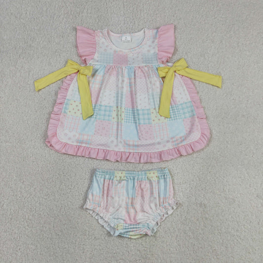 Sibling Baby Girls Flutter Sleeve Colorful Flowers Tunic Bummies Clothes Sets