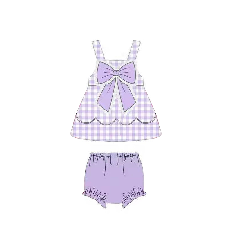 Baby Girls Strap Lavender Checked Bow Top Bummies Clothes Sets Preorder