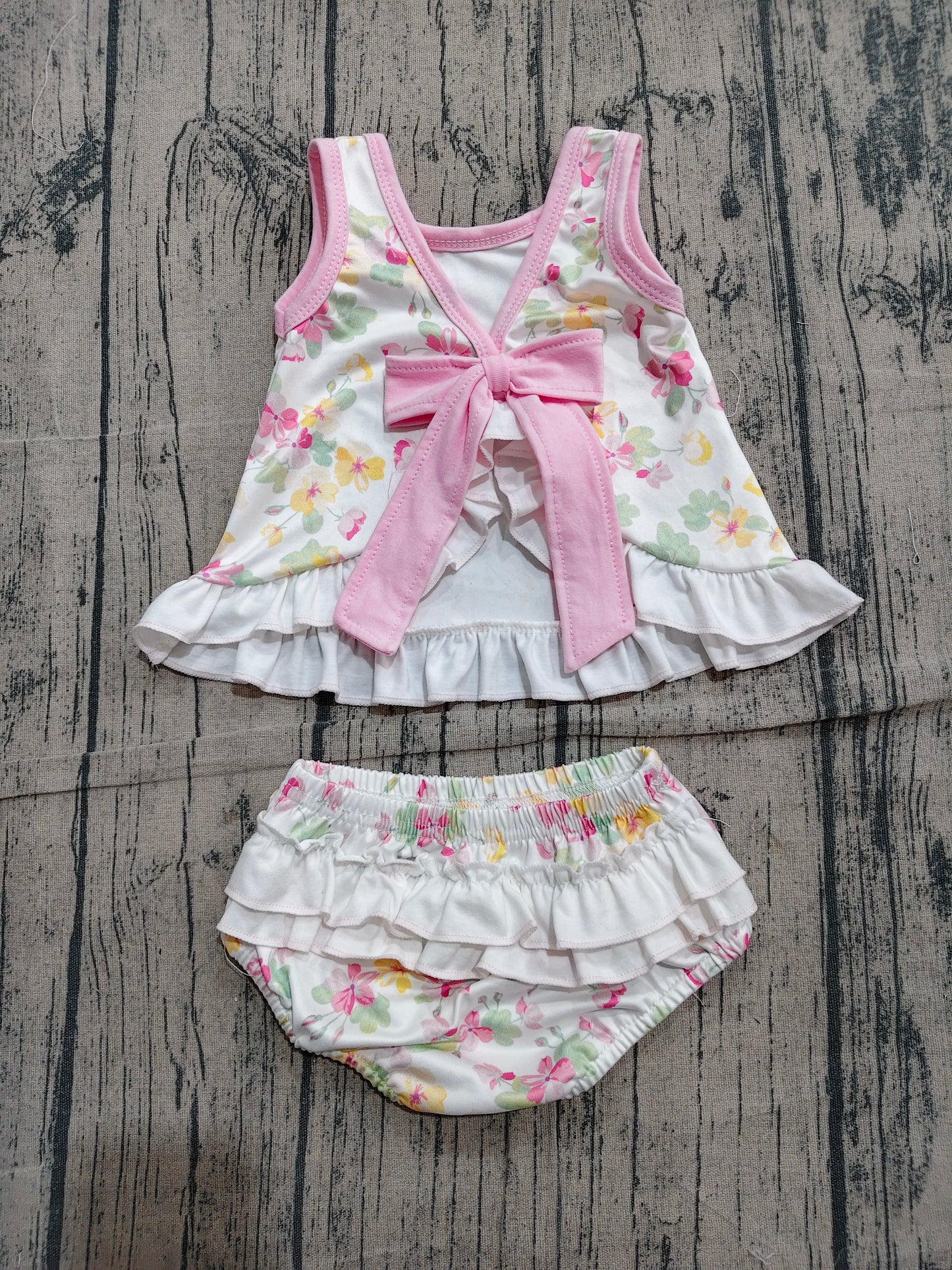 Baby Girls Sleeveless Colorful Flowers Back Bow Tunic Bummies Clothes Sets