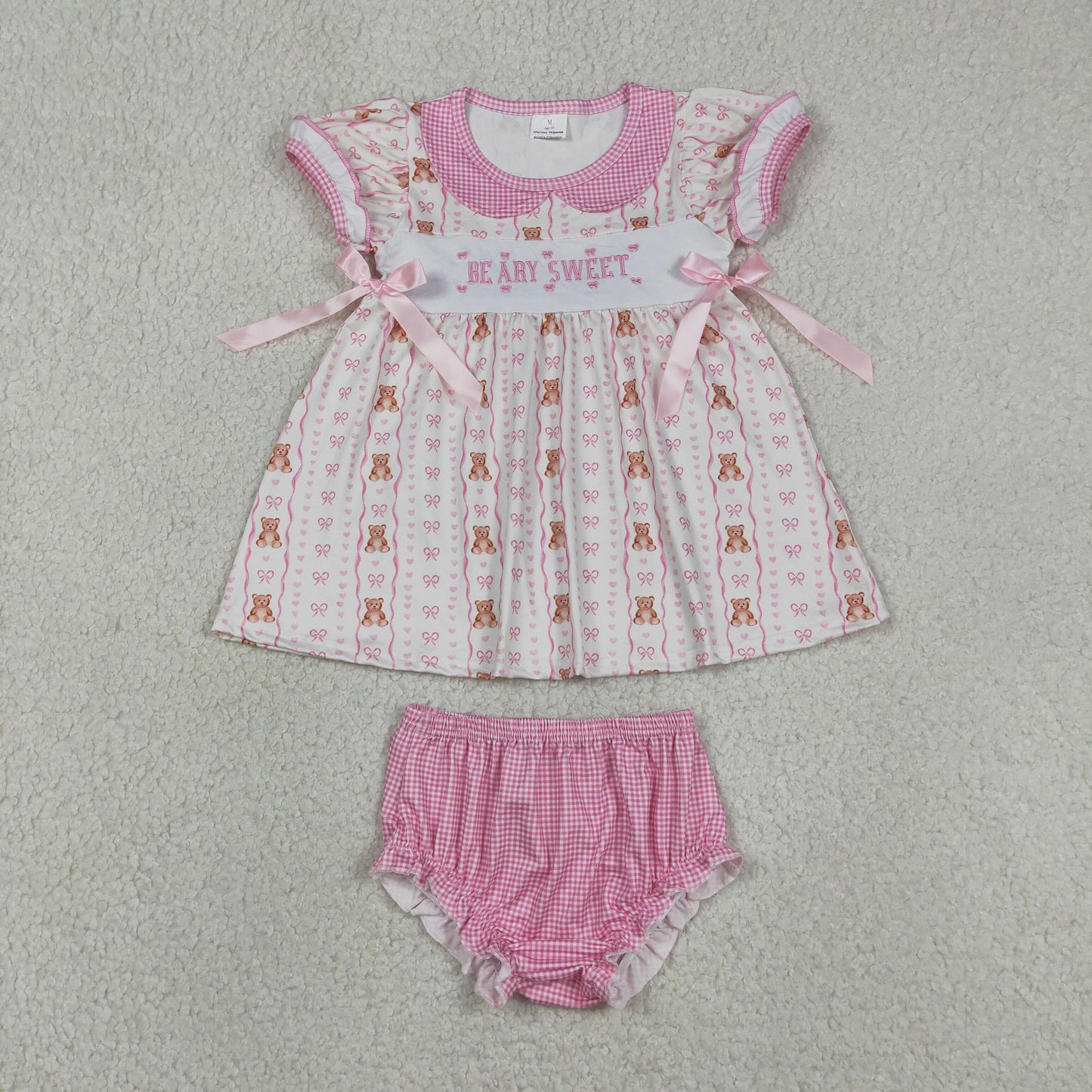 Embroidery Sweet Baby Girls Heart Bears Stripe Tunic Bummies Clothes Sets