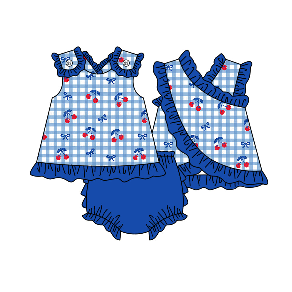 Baby Girls Blue Checked Bows Cherry Tunic Bummies Clothes Sets Preorder
