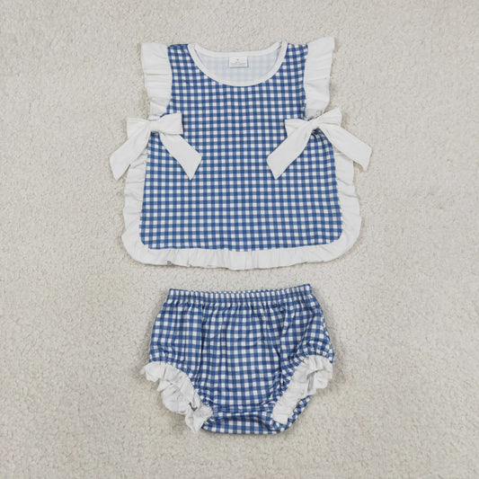 Baby Girls Blue Checked Bows Tunic Bummies Clothes Sets