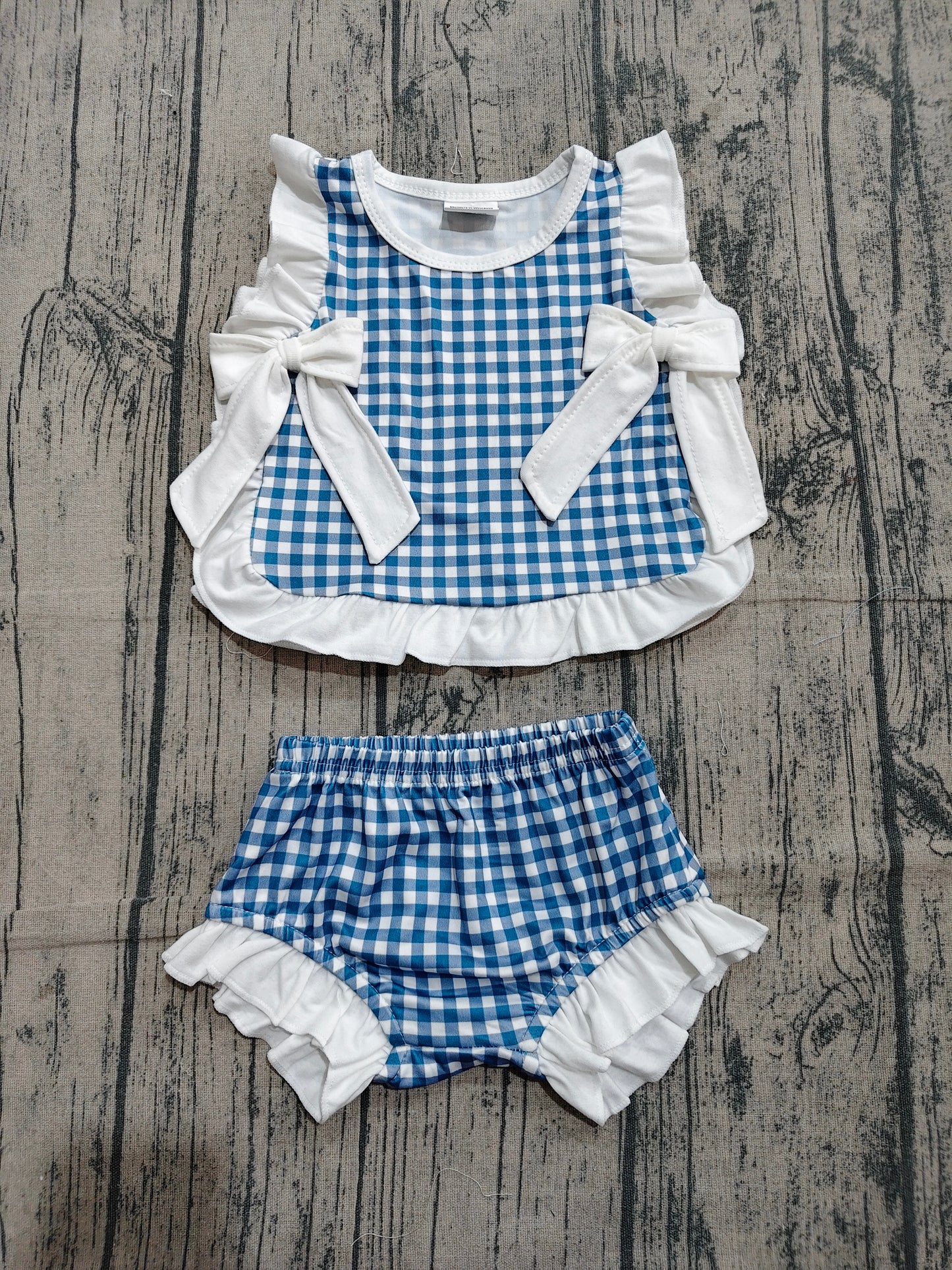 Baby Girls Blue Checked Bows Tunic Bummies Clothes Sets