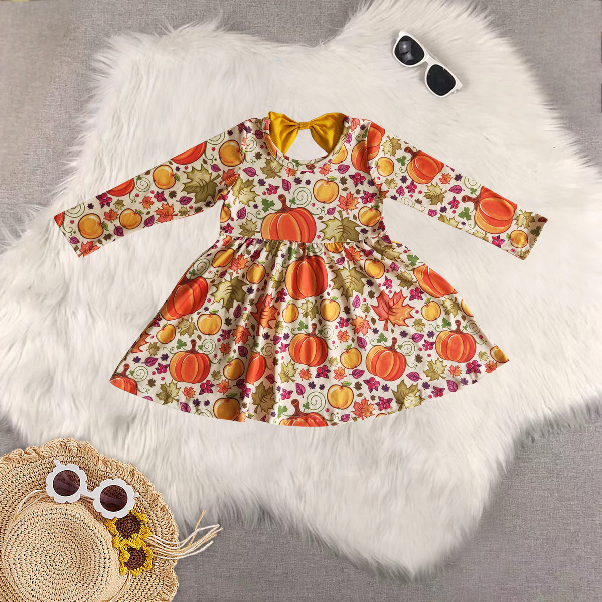 Sibling Baby Girls Long Sleeves Pumpkins Floral Fall Dresses