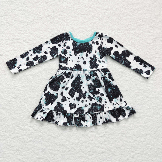 Sibling Baby Girls Cow Turquoises Ruffle Pants Western Clothes Sets Knee Length Dress Rompers