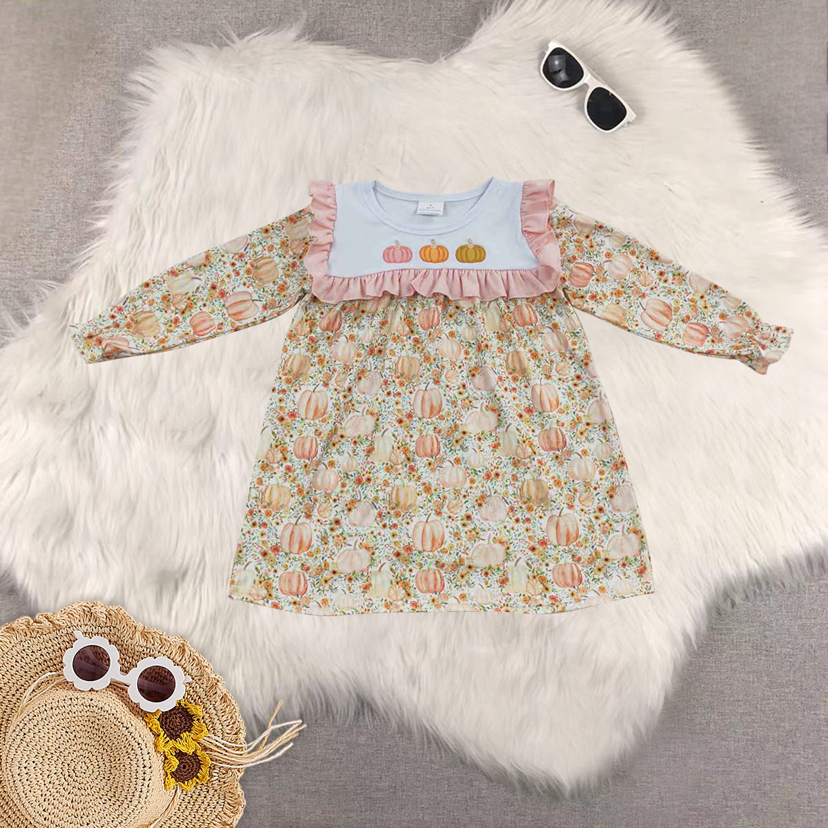 Sibling Baby Girls Embroidery Pumpkins Floral Long Ruffle Sleeves Pant Set Rompers Dresses