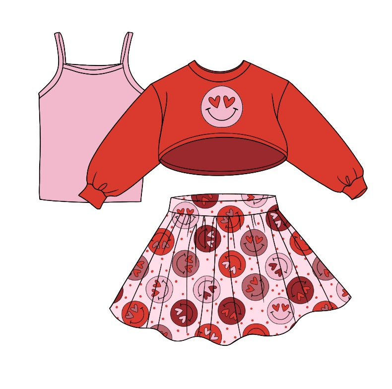Baby Girls Valentines Hearts Smile Long Sleeve Top Skirts 3pcs Clothes Sets preorder