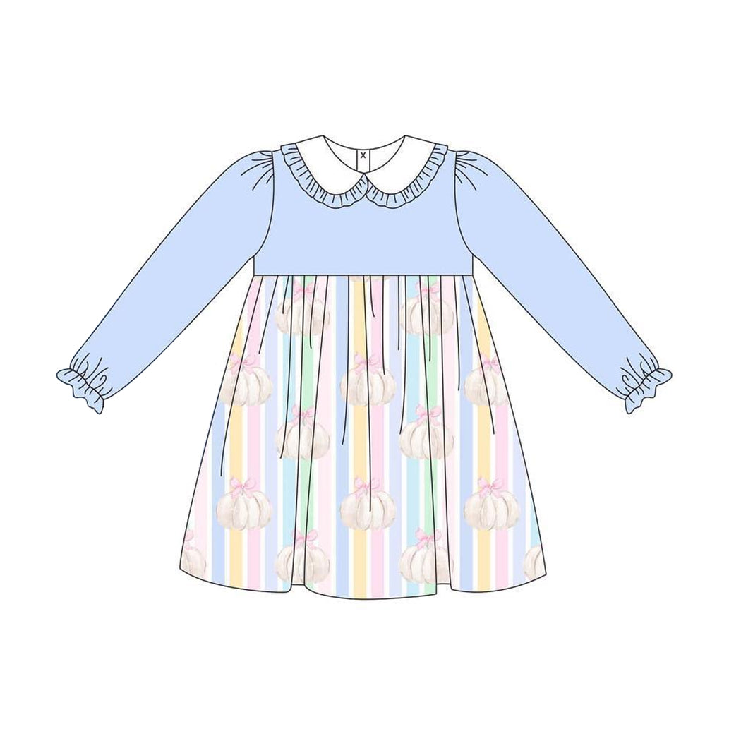 Baby Girls Fall Stripes Pumpkins Knee Length Dresses Preorder