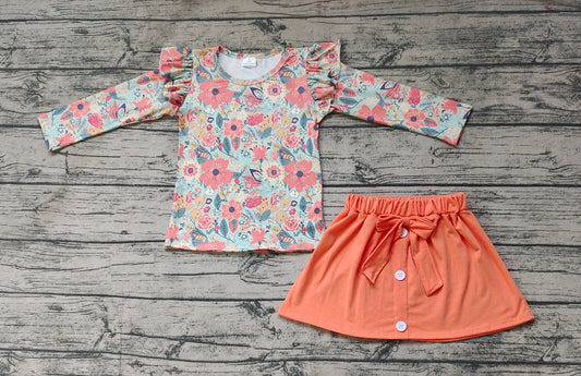 Baby Girls Fall Orange Flowers Shirts Skirt Clothes Sets