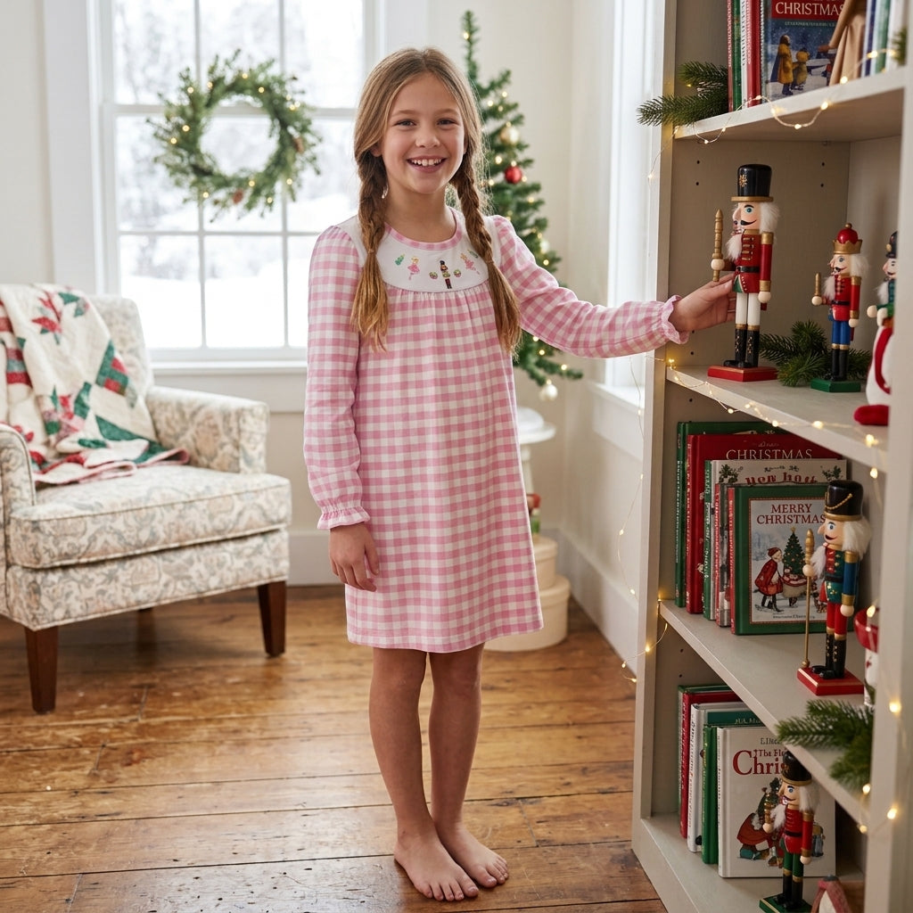 Embroidery Soldiers Trees Baby Girls Pink Checked Knee Length Dress