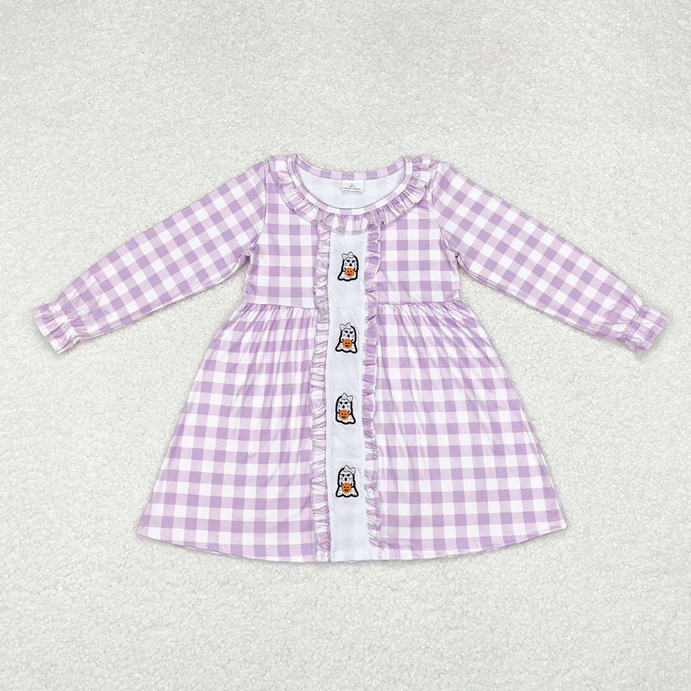 Baby Girls Lavender Checkered Halloween Ghost Knee Length Dresses