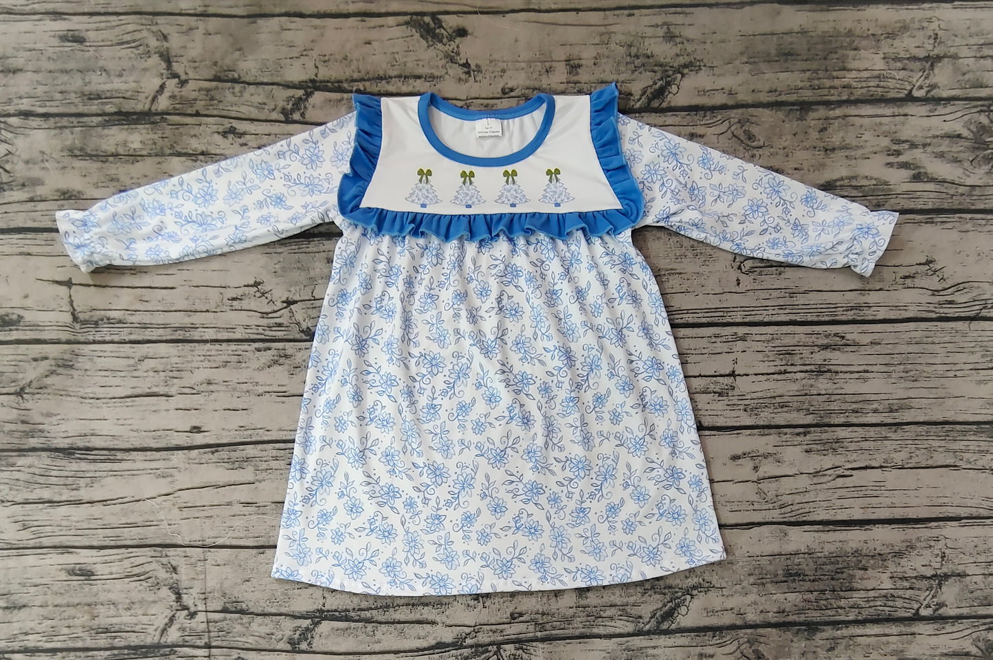 Baby Girls Blue Flowers Christmas Trees Knee Length Dresses