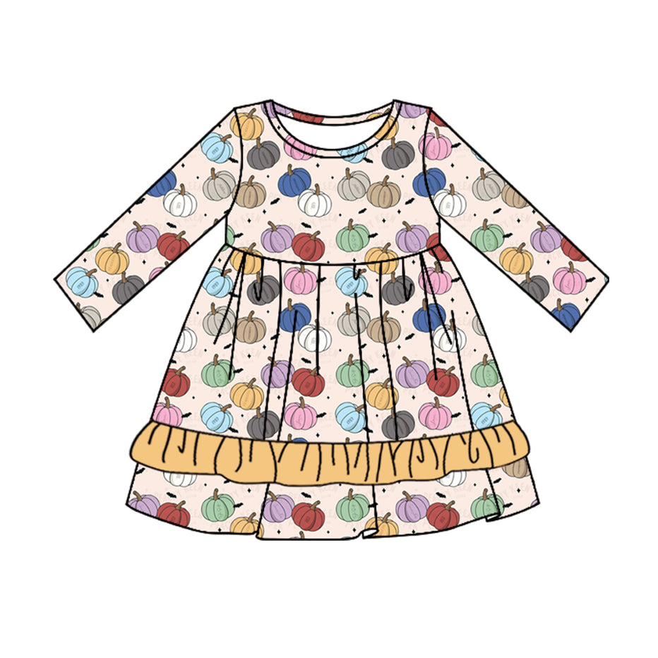 Baby Girls Fall Pumpkins Colorful Ruffle Knee Length Dresses Preorder