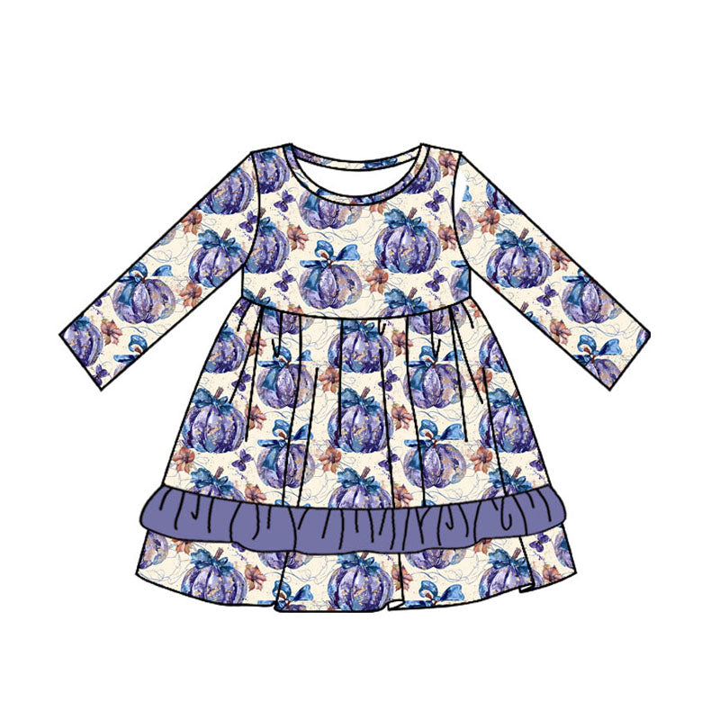 Baby Girls Purple Pumpkins Ruffle Knee Length Dresses Preorder