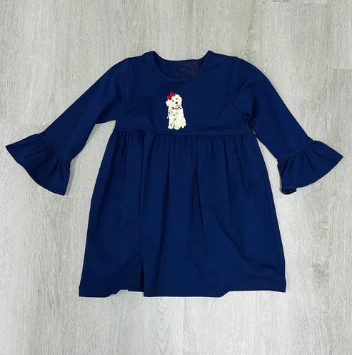 Preorder moq 5 Baby Girls Navy Dogs Knee Length Dresses