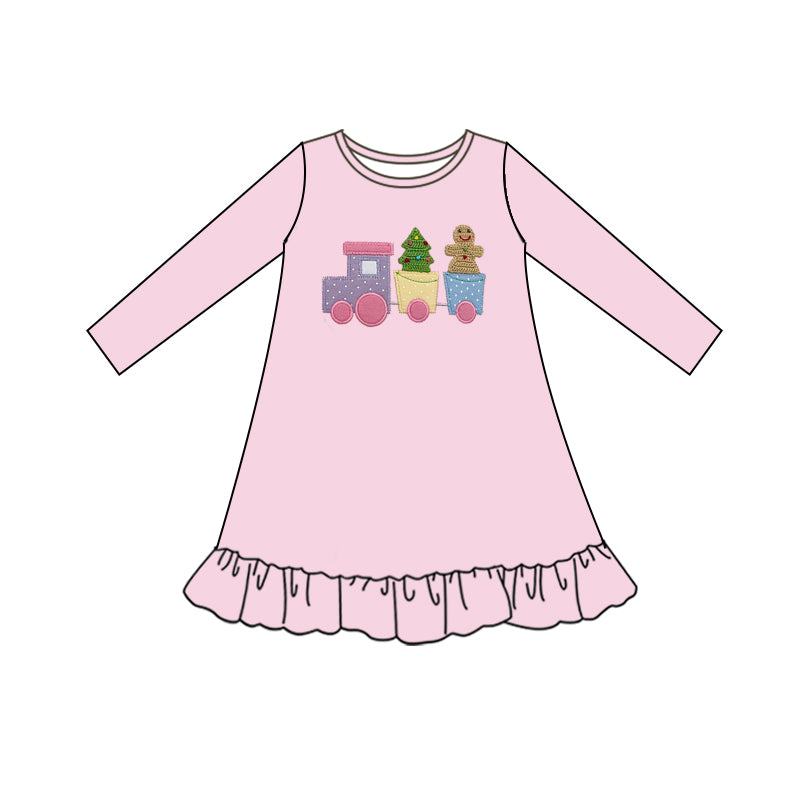 Preorder moq 5 Baby Girls Christmas Gingerbread Train Knee Length Dresses