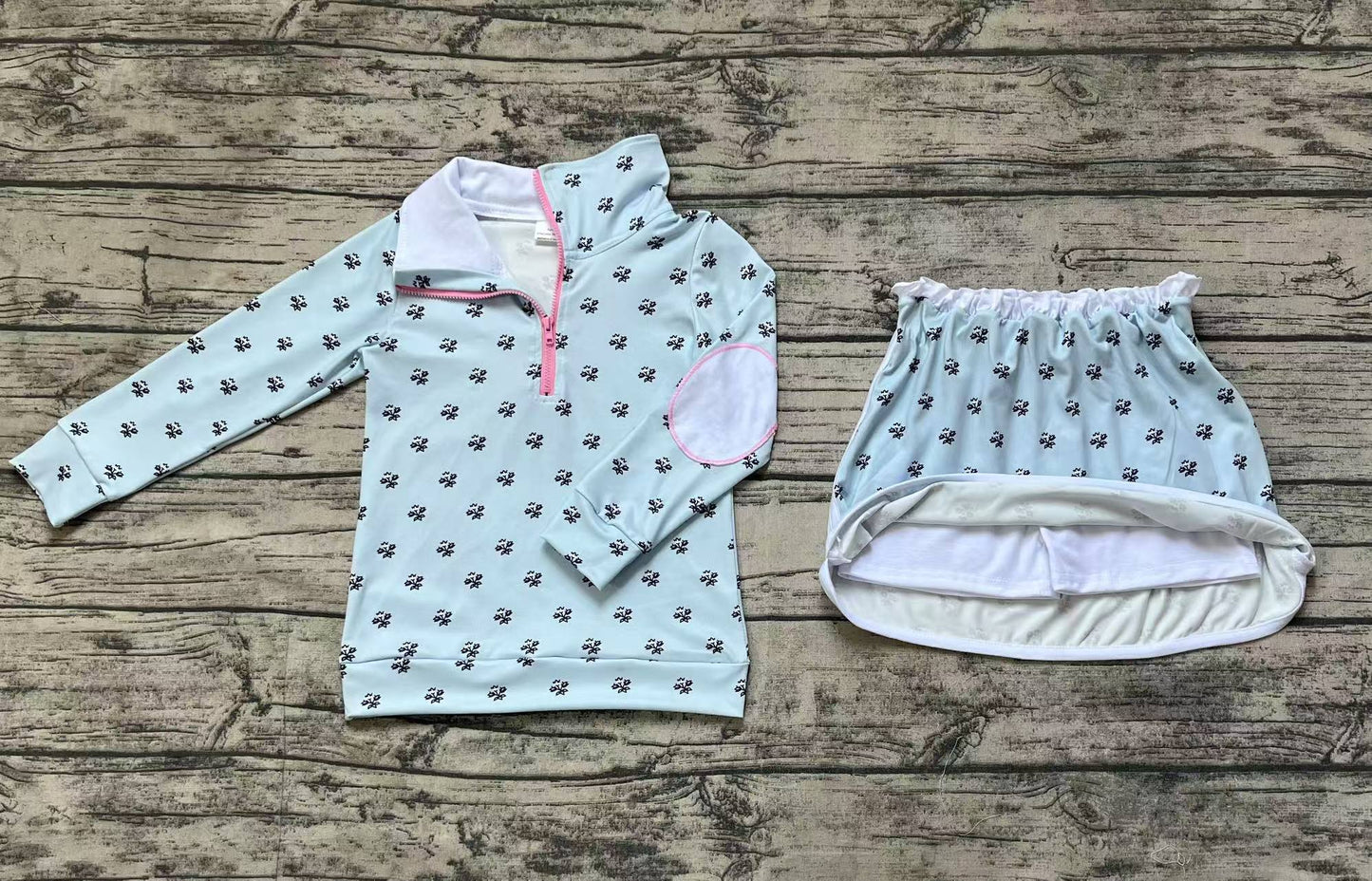 Baby Girls Blue Flowers Zip Top Ruffle Skort Short Clothes Sets