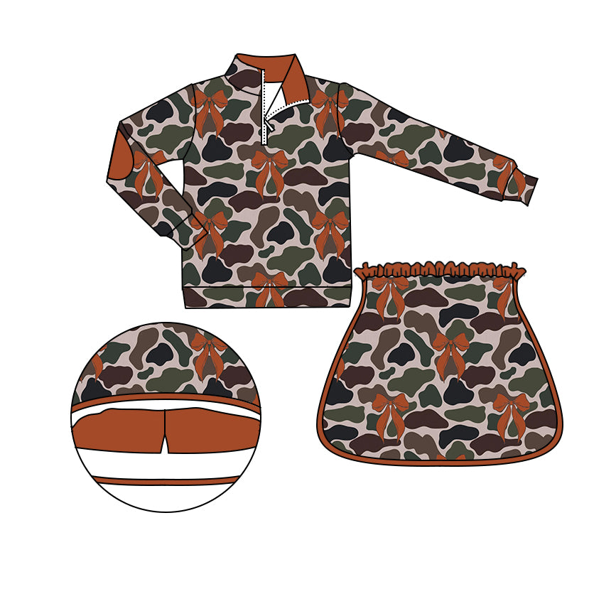 Baby Girls Camo Brown Bows Zip Tops Shorts Skirts Spring Clothes Sets Preorder
