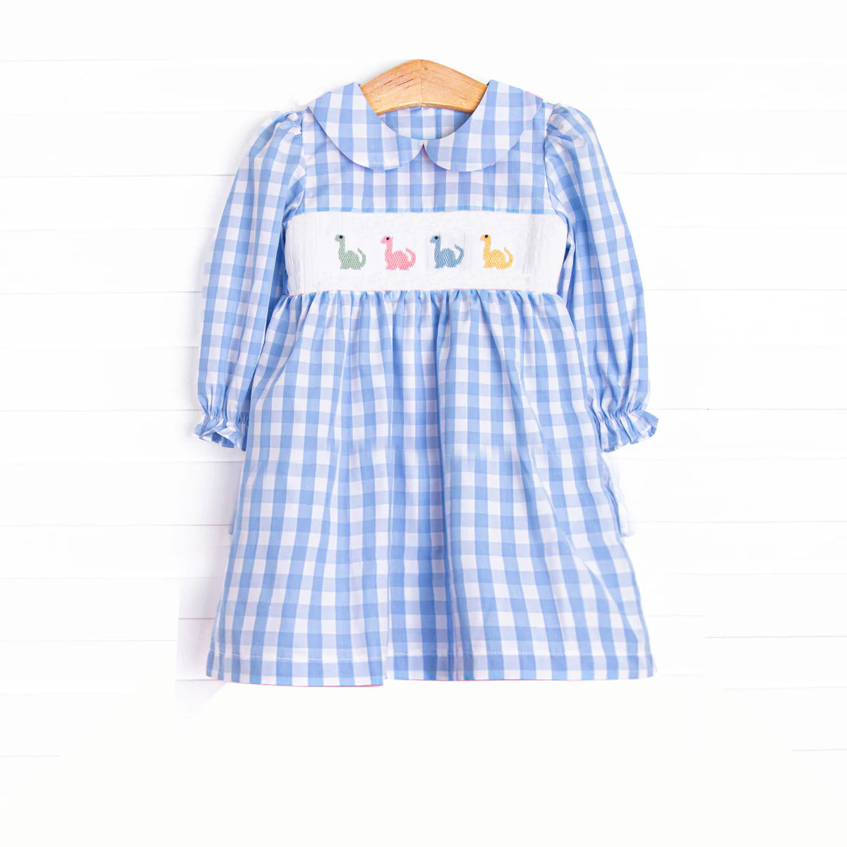 Baby Girls Blue Plaid Long Ruffle Sleeves Dinosaurs Smocked Knee Length Dresses Preorder